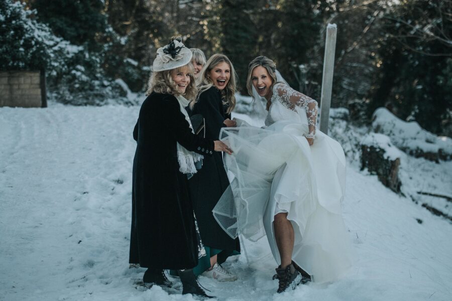 full length lace sleeve warm layered wedding dress bespoke custom