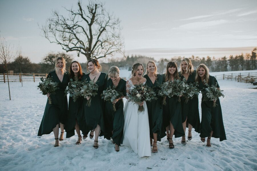 bespoke white simple a line bride dark forest green bridesmaids dress