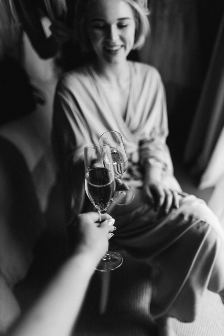 bride morning prep hair makeup robe gown prosecco