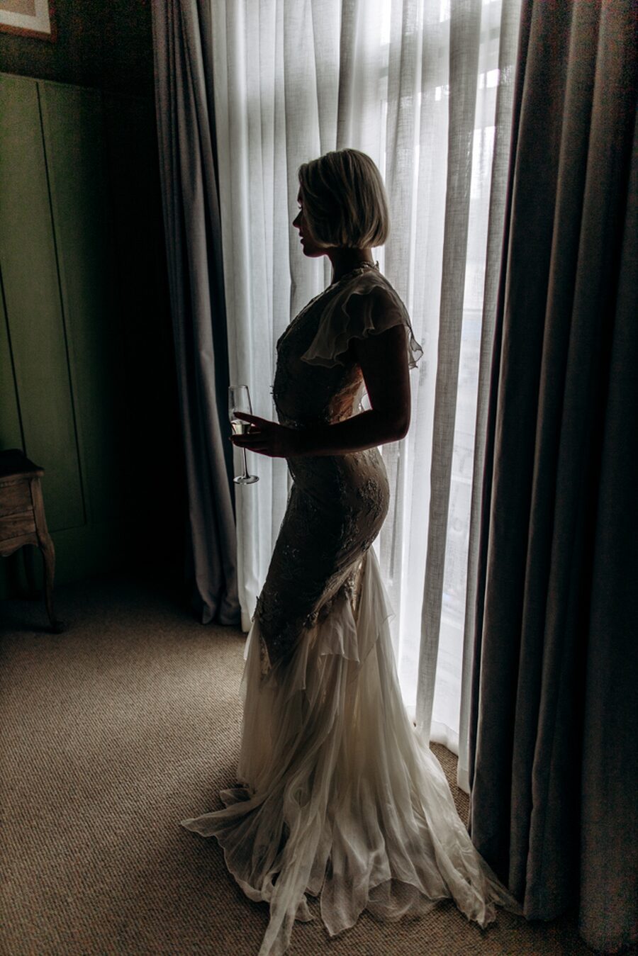 waterfall fishtail mermaid skirt fit flare bodycon figure hugging bespoke custom wedding dress bond girl