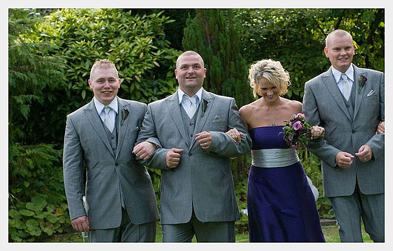 bespoke cadbury-purple-bridesmaid-dress-wide-ruched-sash-silk-with-groomsmen surrey
