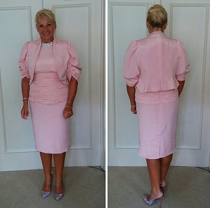 pink crepe silk dress and jacket fitting picture dressmaker
