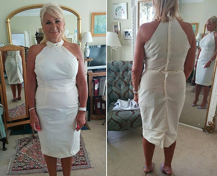 toile practice run fitting of halter neck dress with dressmaker