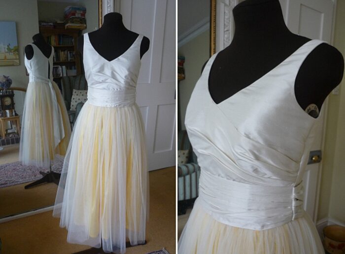 finished teen dress on the stand ruched silk dupion and tulle