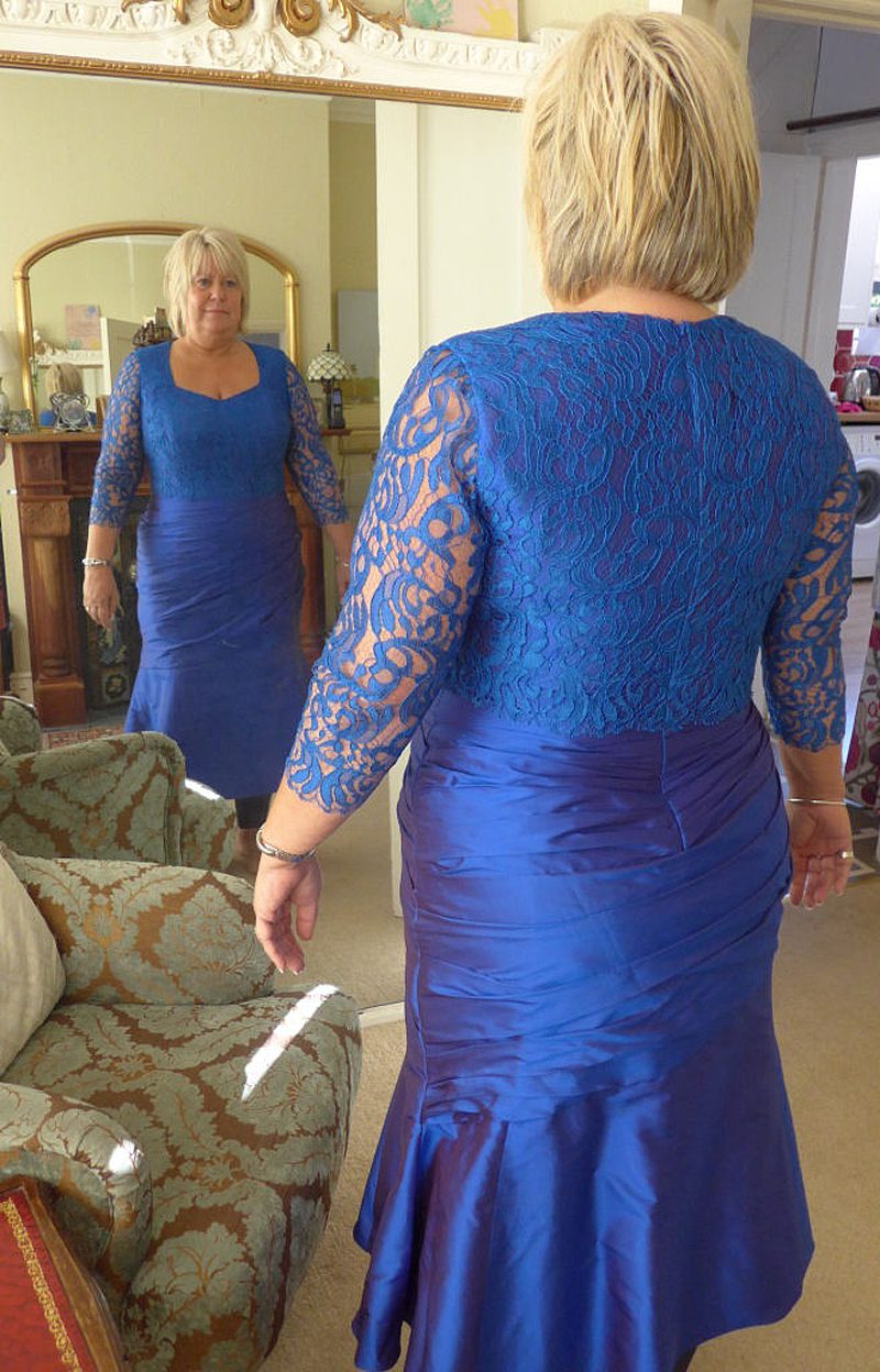 final fitting picture blue silk dupion and lace fit and flare dress with ruching mother of the bride