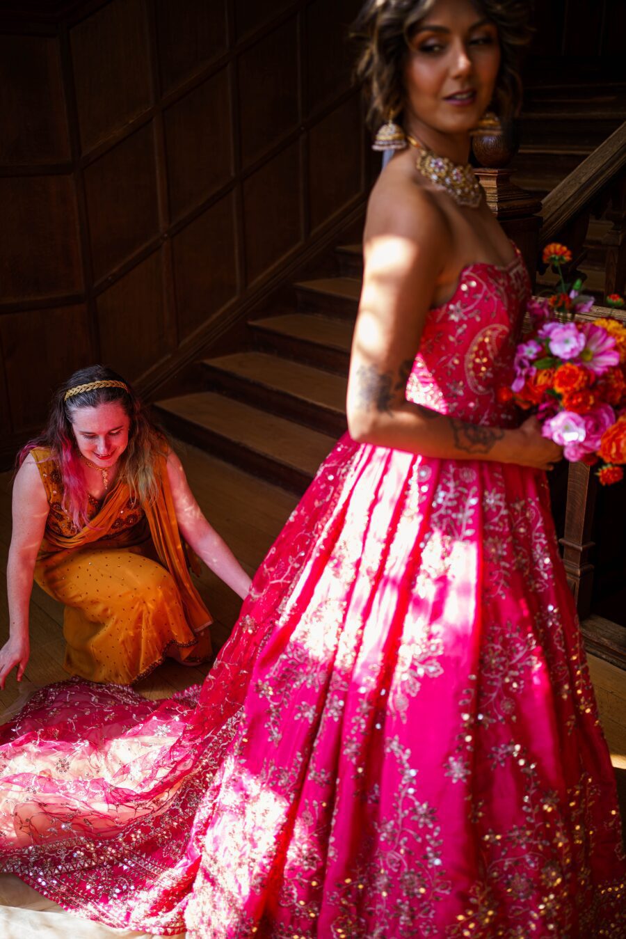 mixed race culture fusion wedding bride pink orange yellow colour theme
