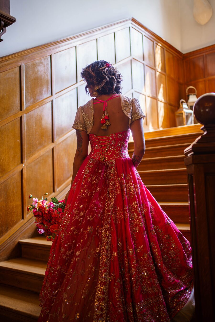 custom bespoke indian inspired wedding dress multi cultural fusion latkan ties corset back
