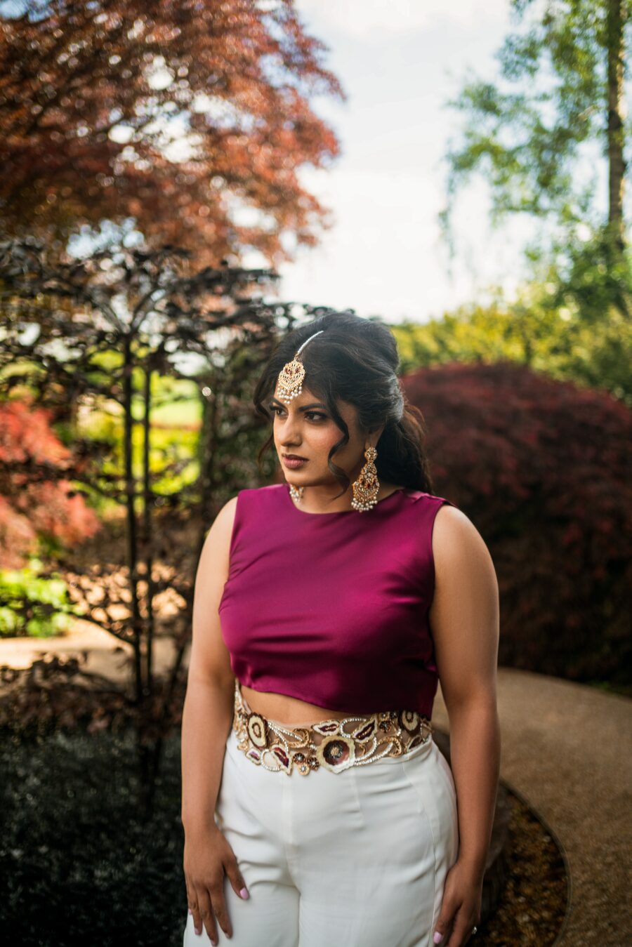 elegant simple bridal cropped sleeveless burgundy satin top trousers embroidered belt