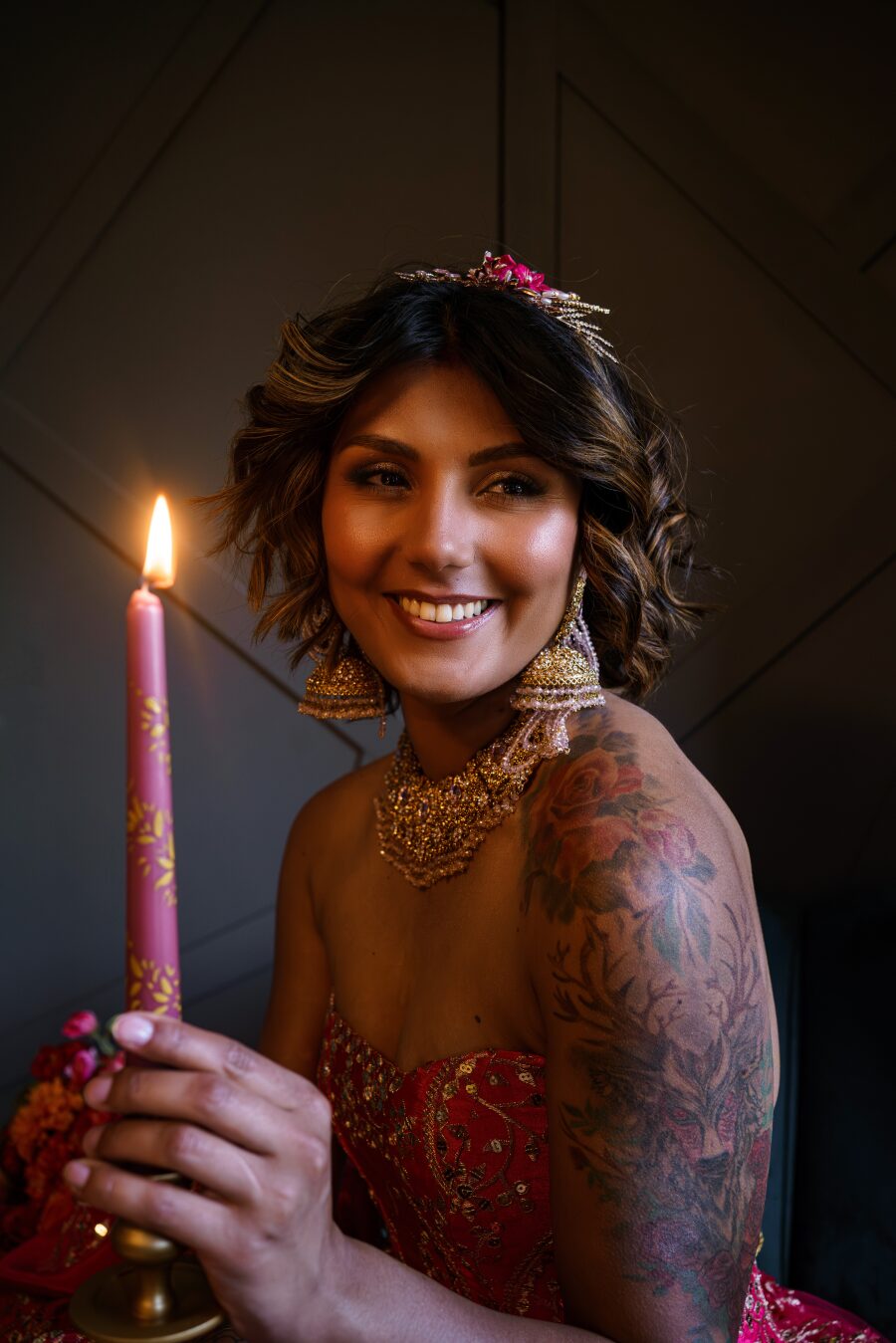 beautiful alternative indian bride tattoo brown skin short hair pink wedding dress
