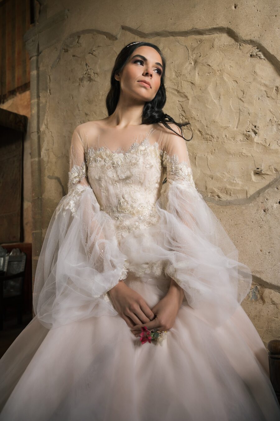 illusion off shoulder floaty fluffy balloon sleeve layered tulle wedding dress