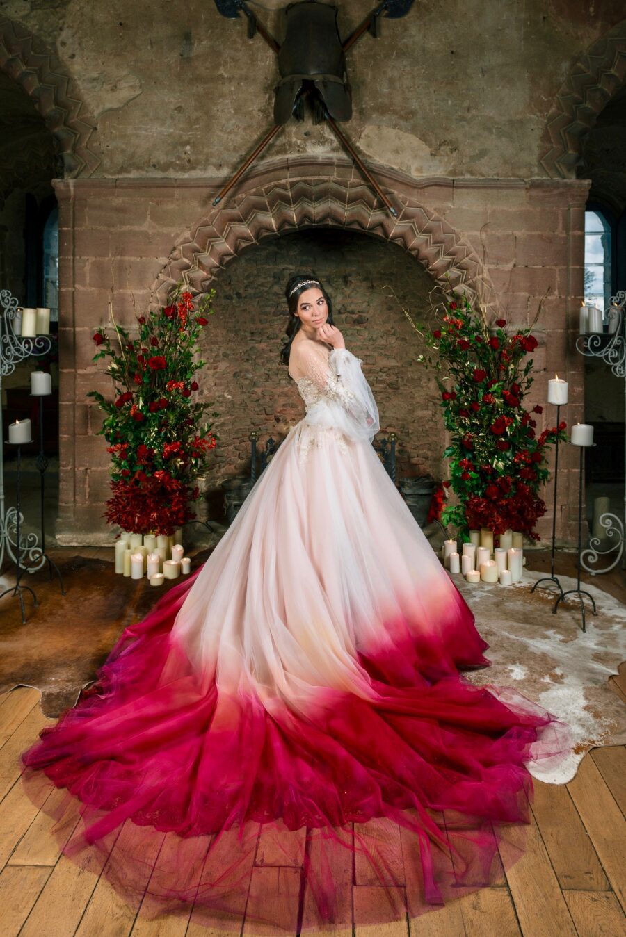 alternative unique gothic dramatic pink dip dye long train wedding dress