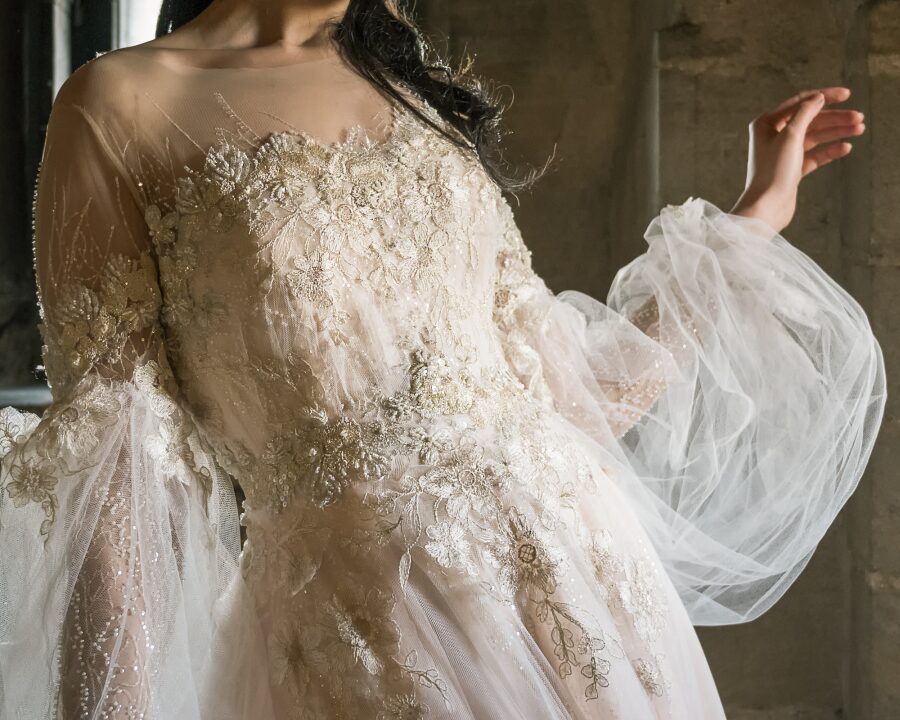 wedding dress detail floaty volume tulle balloon sleeve floral lace