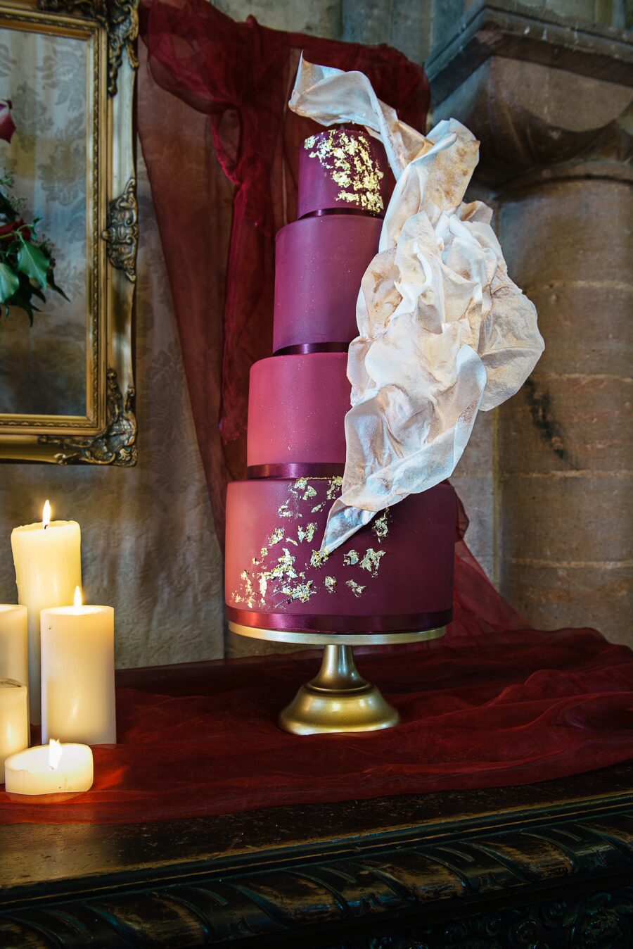 four 4 tier cake burgundy dark red purple uk wedding supplier