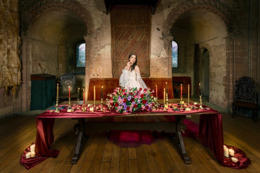 Bespoke Wedding Dress Photoshoot uk england Essex castle old stone wood