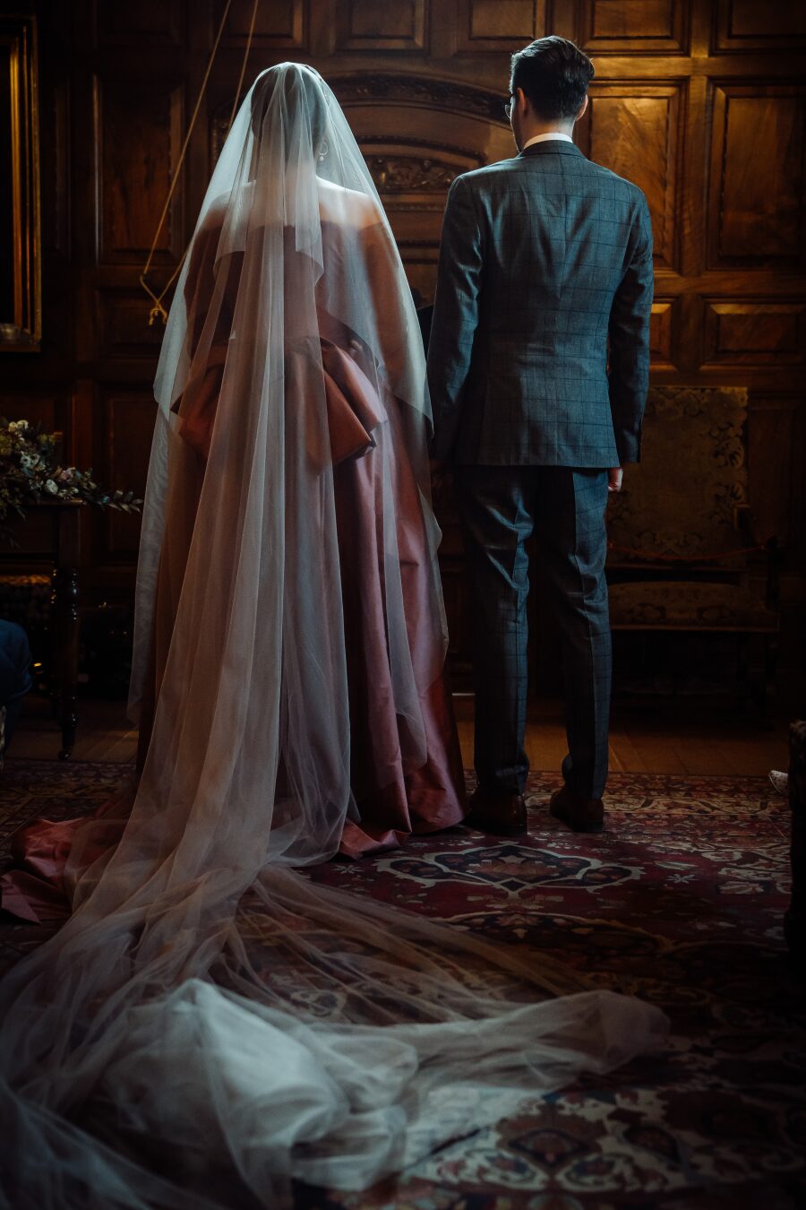 full length dusty rose pink vintage red statement bow back long veil