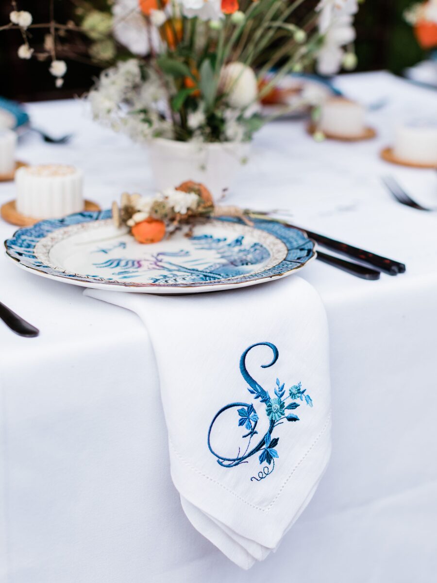 embroidered monogram initial blue thread napkin wedding table