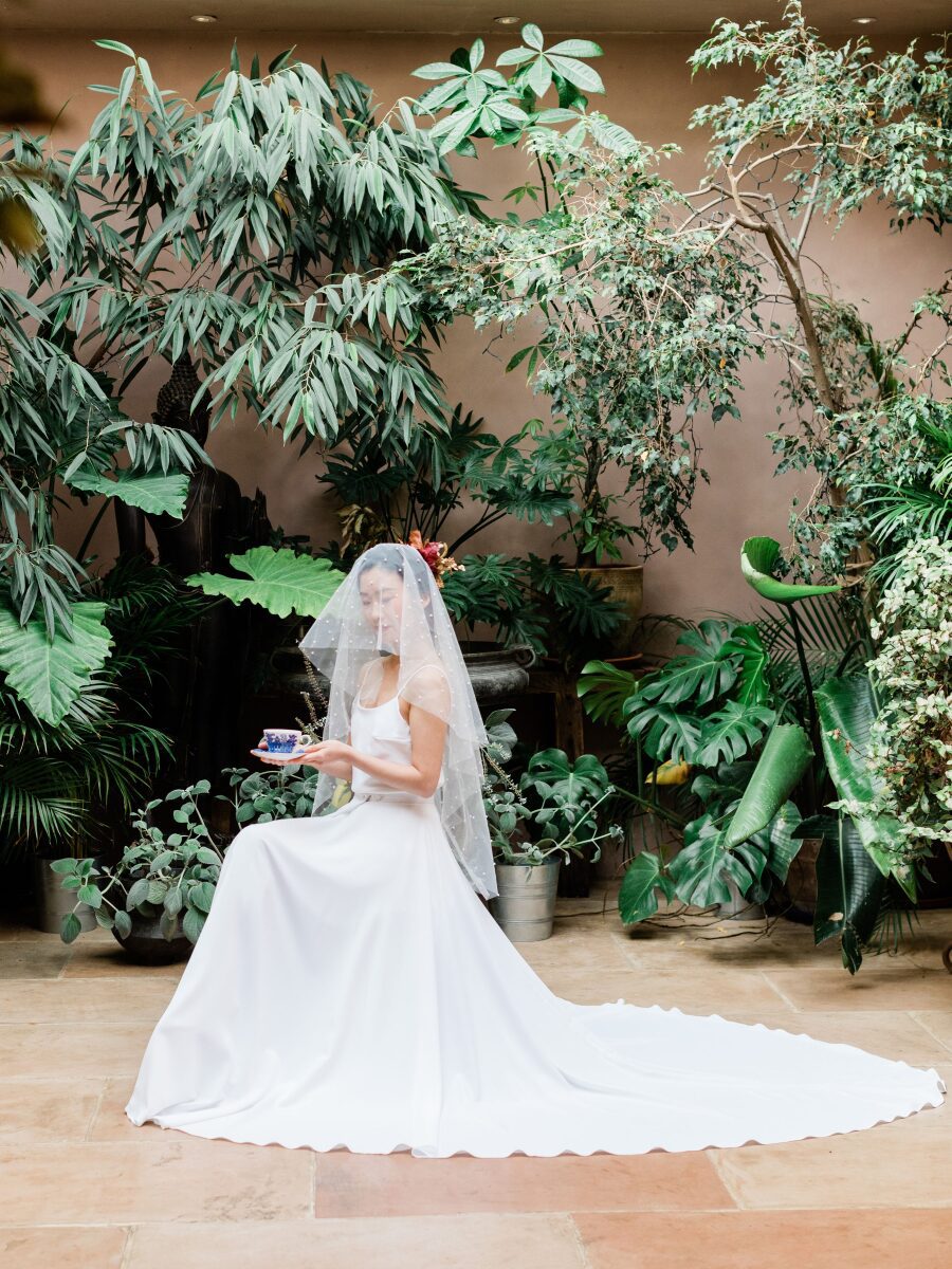 long simple white elegant wrap around over skirt train bride bridal fashion