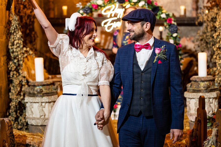 950s rockabilly retro couple blue pink cerise wedding colour theme scheme