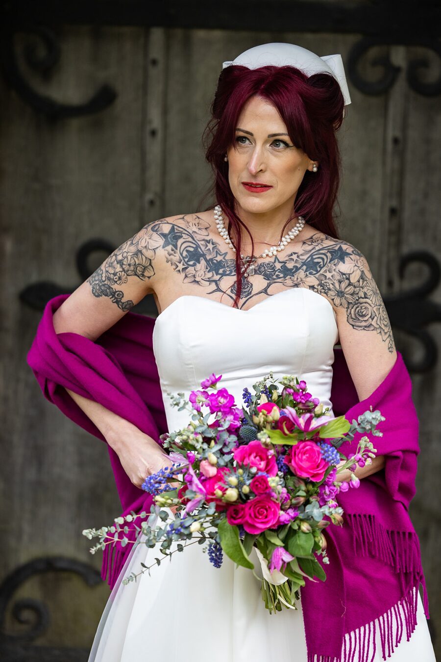 tattooed rock n roll alternative bride sweetheart neckline wedding dress