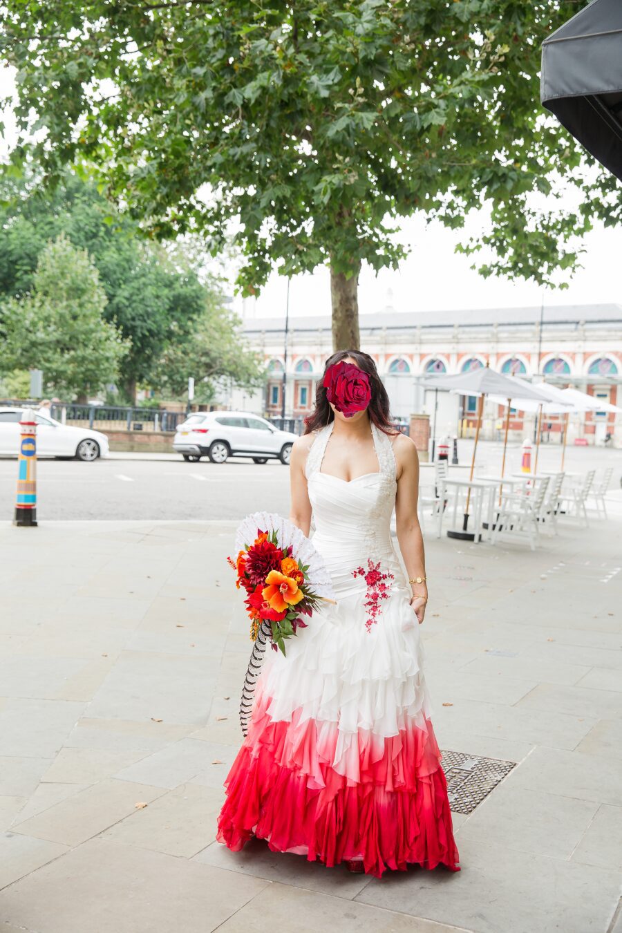 pretty bespoke Chinese cultural fusion wedding dress red dip dye