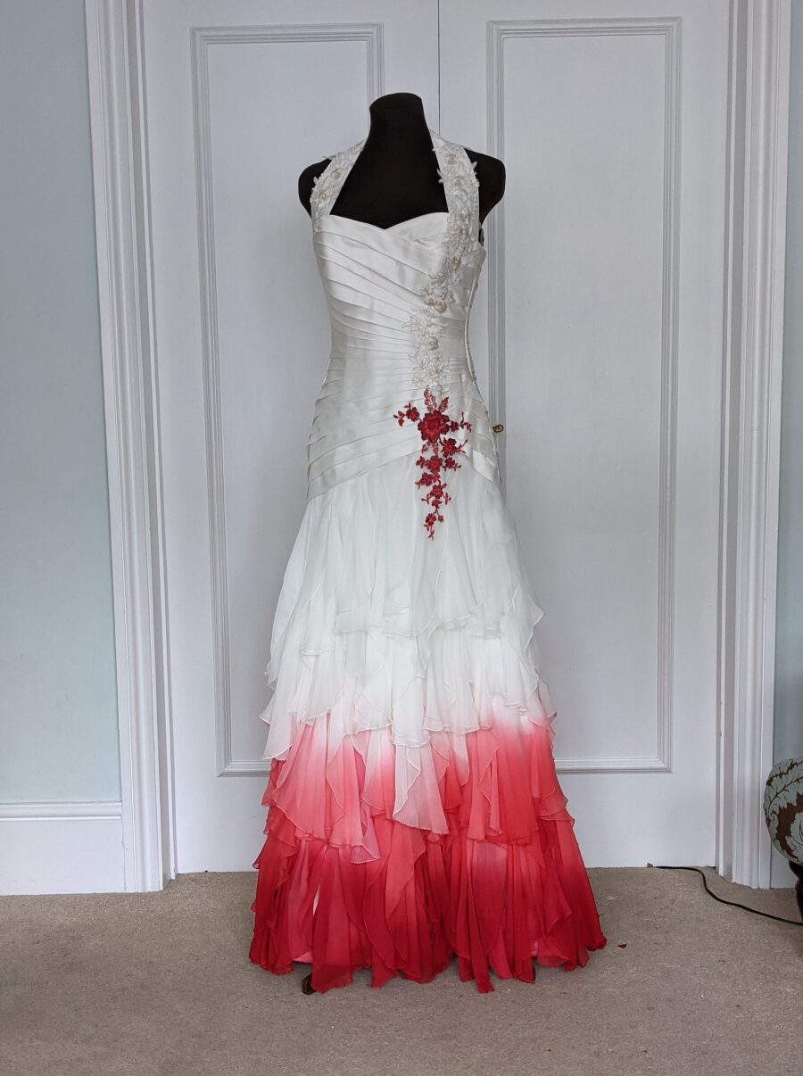 red dip dye wedding dress halter neck lace embellishment detailing