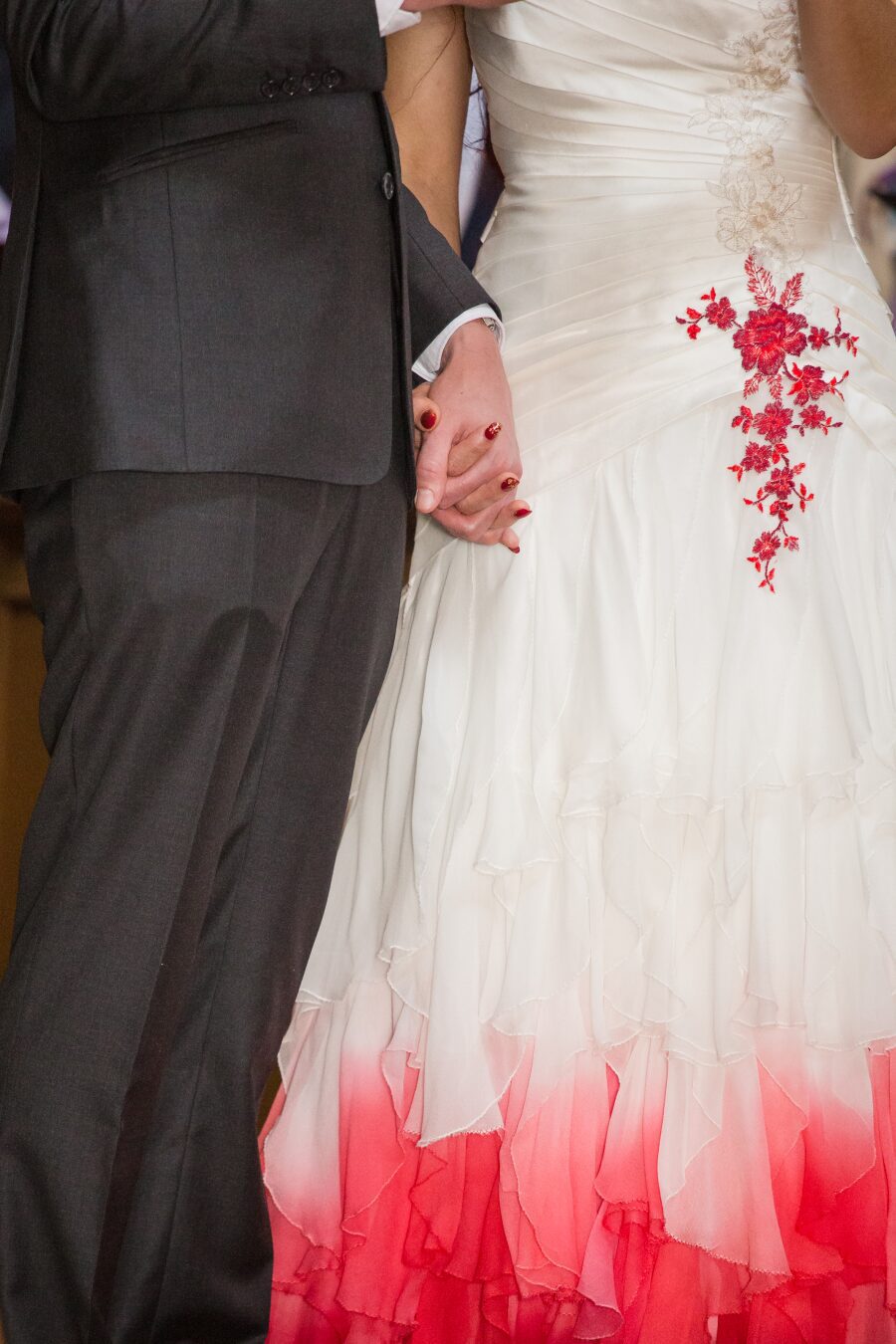 custom red white floral flower lace details asymmetrical pleating