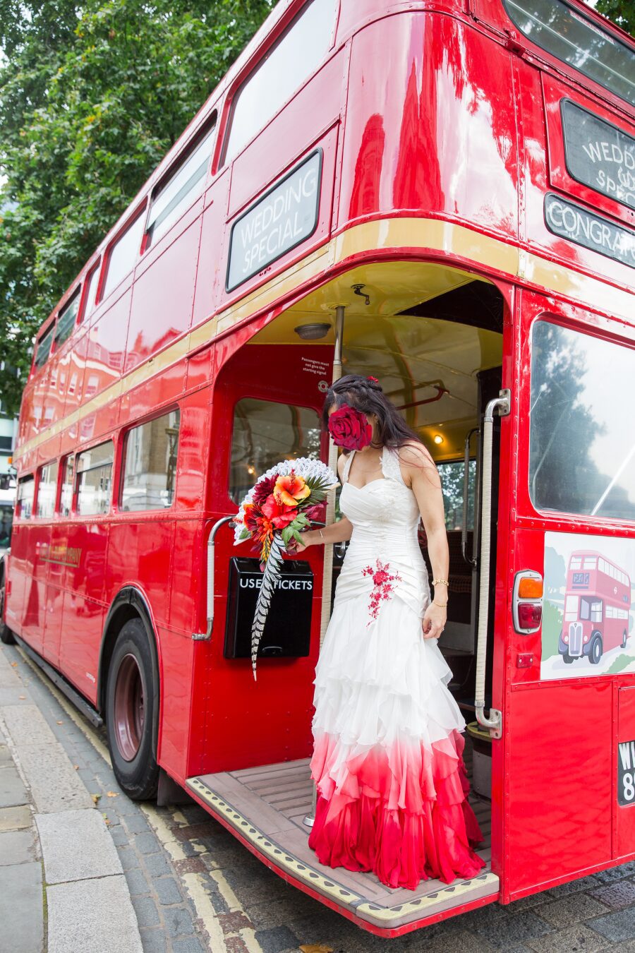pillarbox bold bright vibrant red dip dye wedding dress london bus