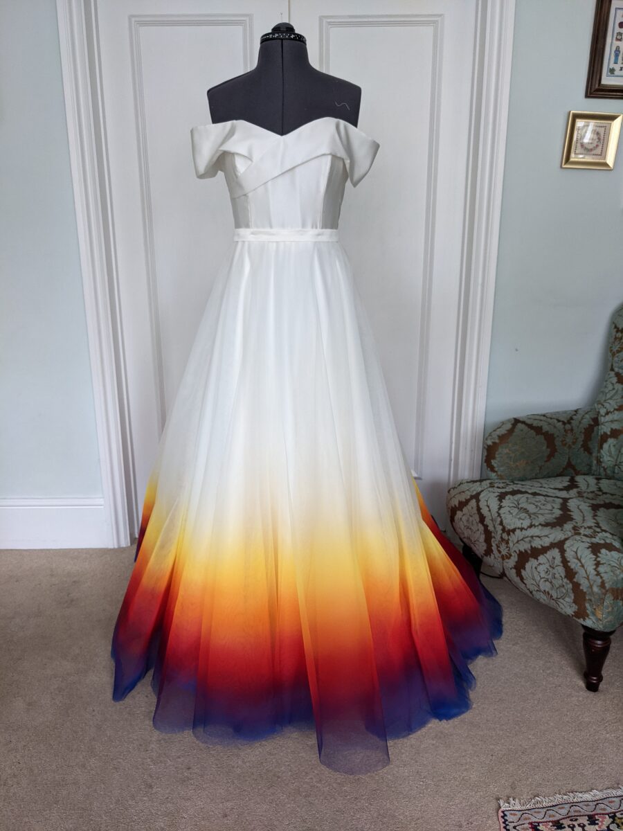 bespoke made to measure off shoulder full length colourful sunset wedding dress