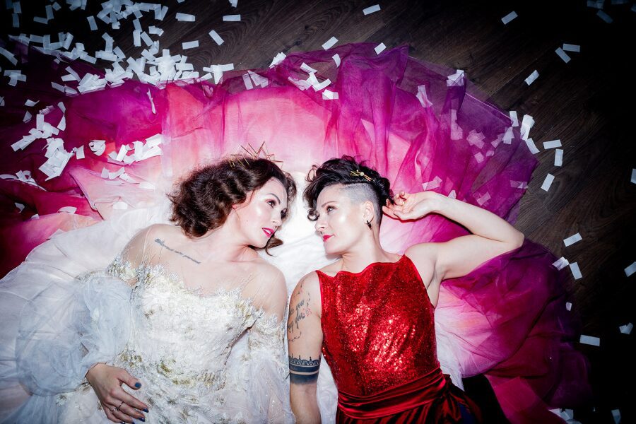 Bespoke wedding dress Brighton pink purple dip dye red sequin