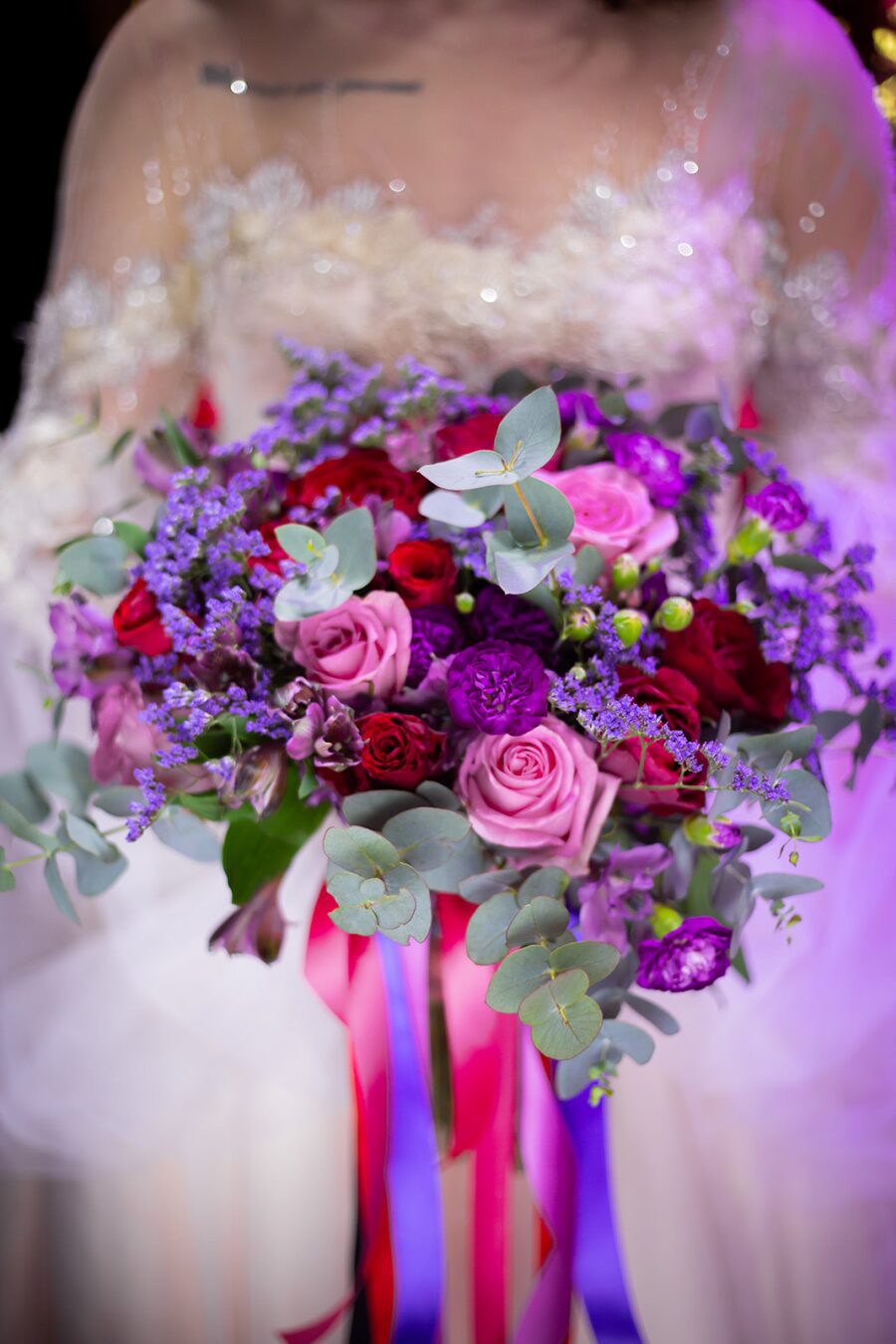 pink red purple eucalyptus rose carnation statice wedding bouquet ribbons