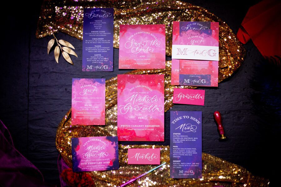 purple pink bright colourful campy queer modern calligraphy wedding stationery