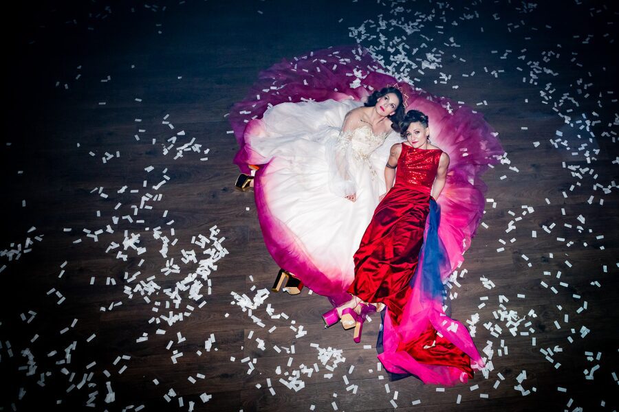 lesbian bride wedding dress pink red silk satin pink dip dye blue tulle