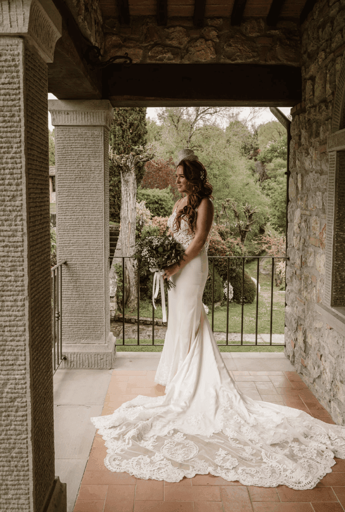 long bodycon stretch satin crepe tulle lace wedding dress statement train