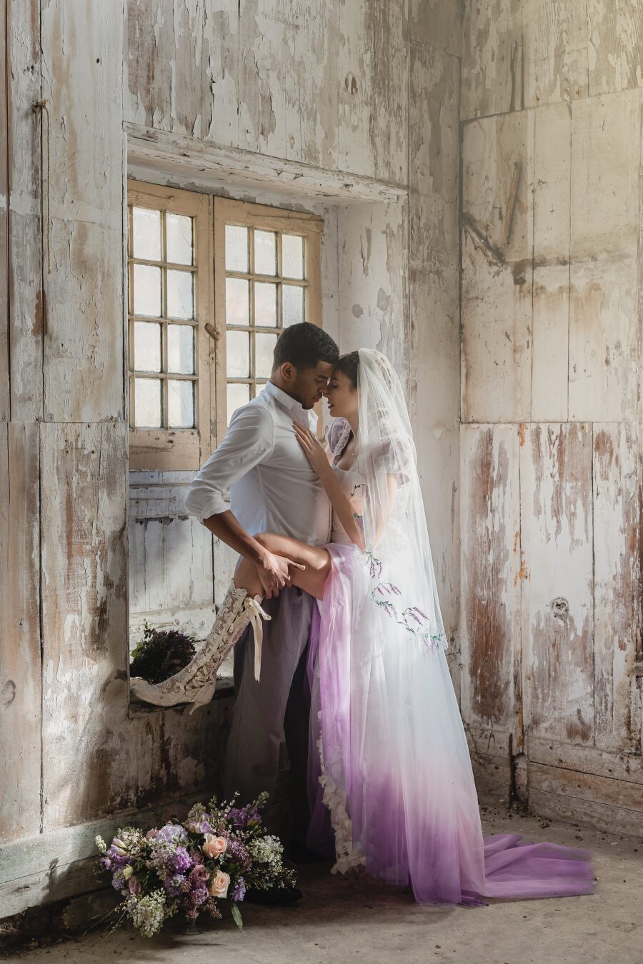 sexy elegant modern bridgerton couple pride prejudice pink purple dip dye tulle overskirt