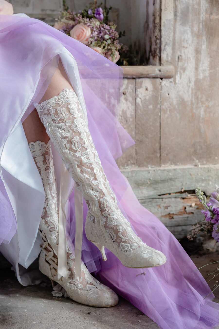 custom bespoke purple dip dye skirt knee length sheer lace ribbon bridal boots shoes