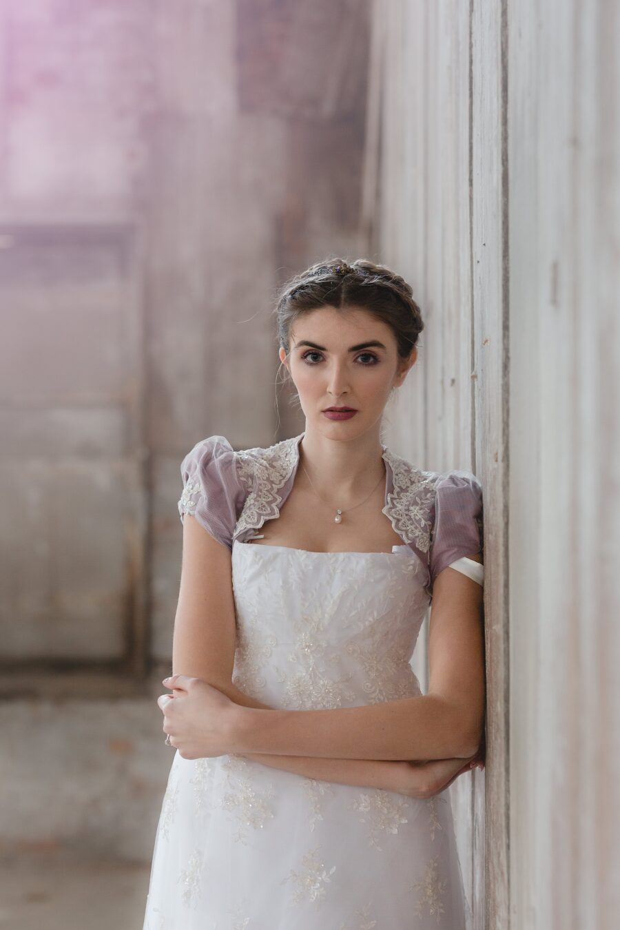 short puff sleeve sheer lace lilac bolero regency spencer jacket high waisted wedding dress