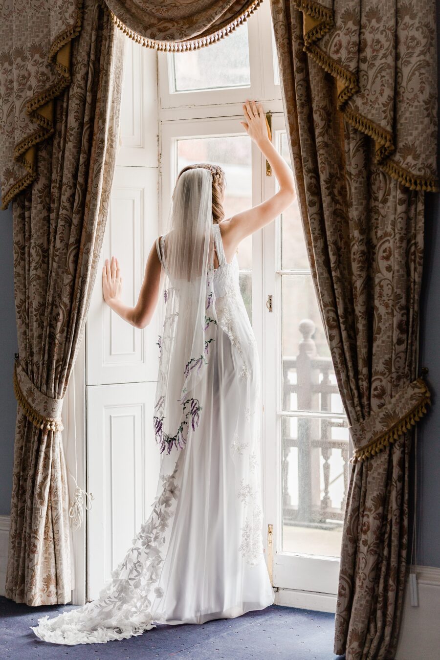 fingertip length embroidered wisteria veil lace wedding dress train