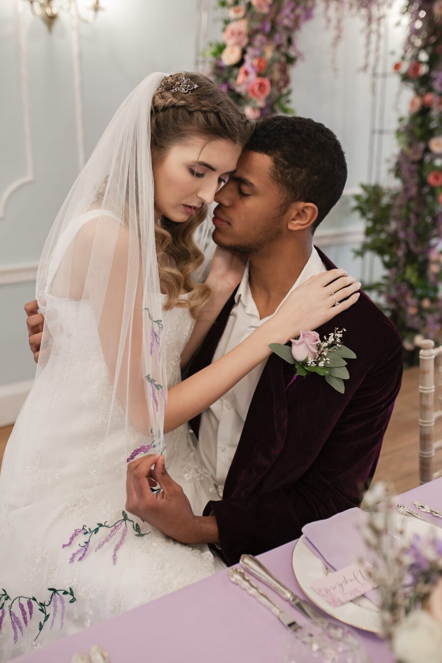 purple green wisteria flower embroidered fingertip length floral veil