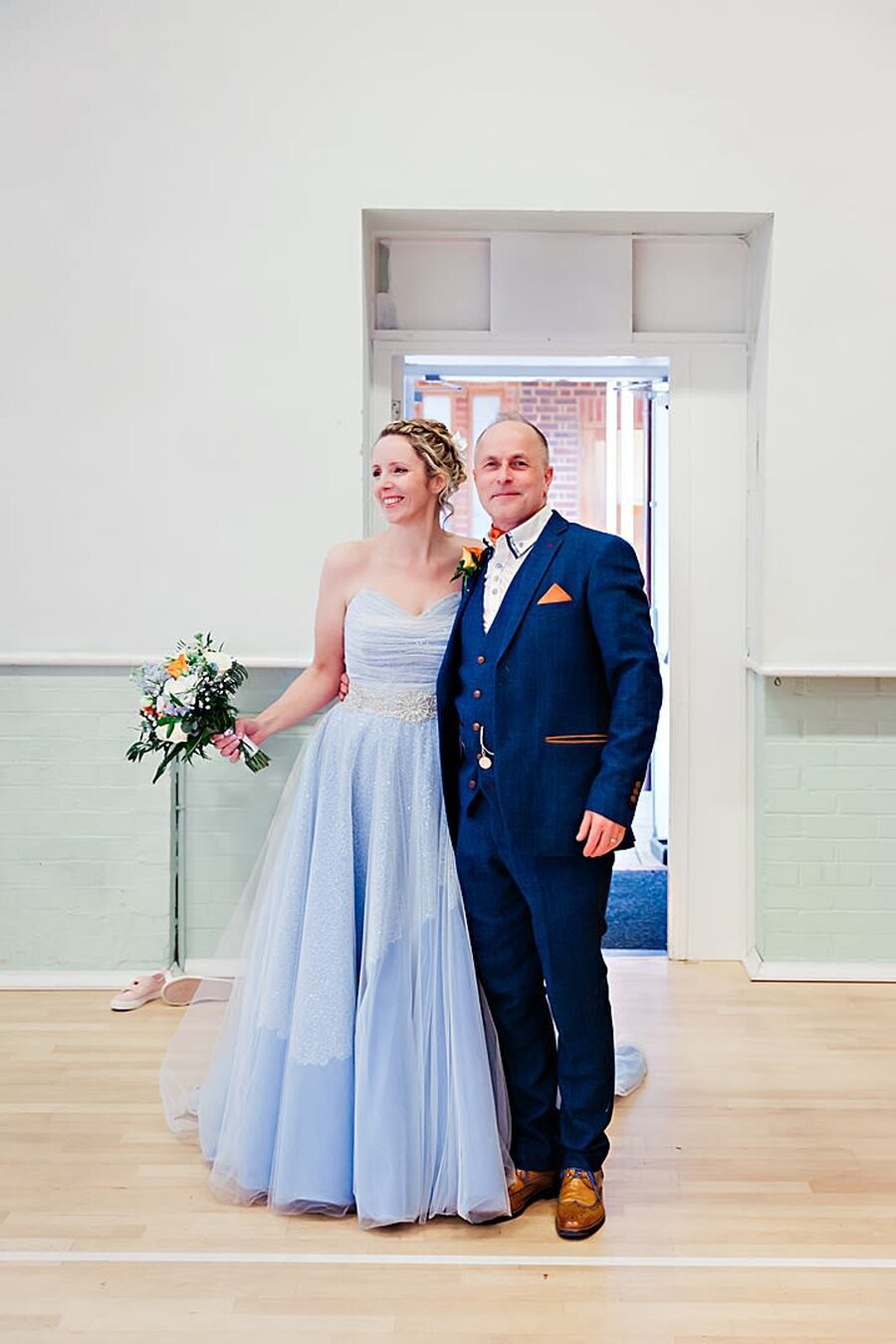 blue wedding dress sweetheart neckline sleeveless bodice white beaded belt