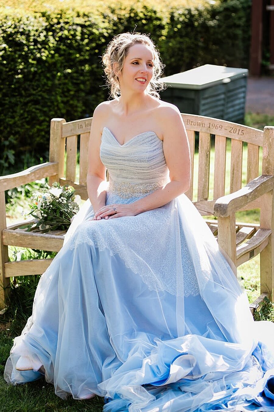 bespoke custom blue wedding dress sleeveless sweetheart neckline blonde bride