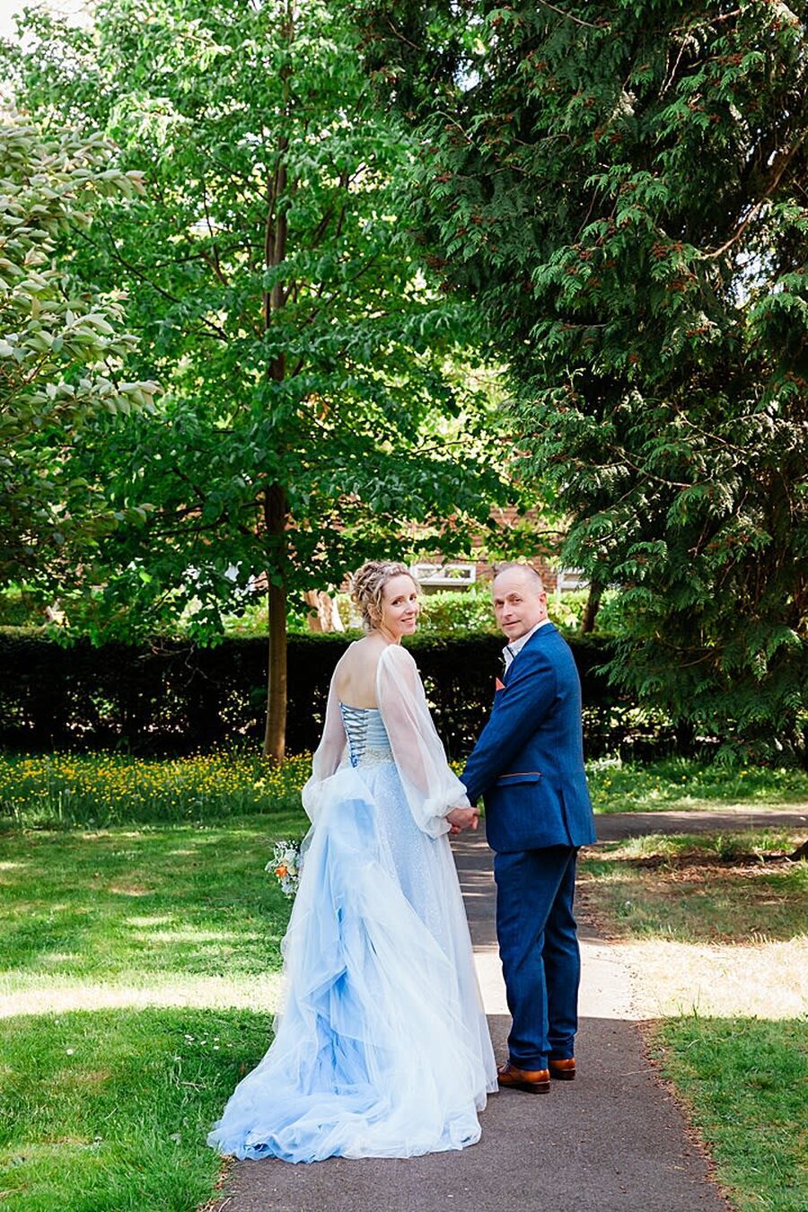 pale pastel light shades of blue fluffy layers layered train sheer balloon sleeves