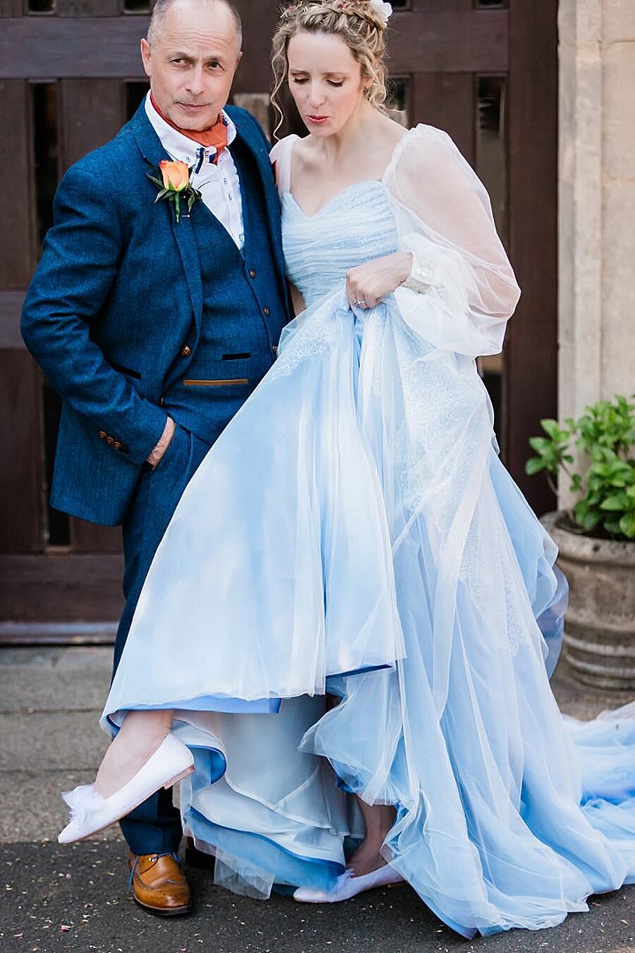 blue rust burnt orange colour theme fun playful bride groom wedding dress