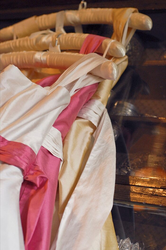 silk dupion in pink, white and gold dresses