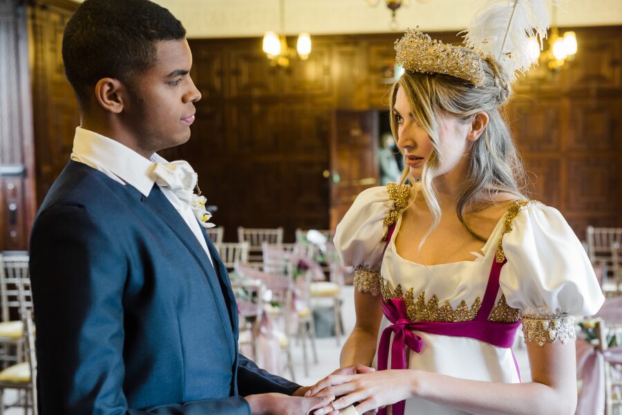 Bespoke Regency Bridgerton Wedding dress tiara crown custom dress