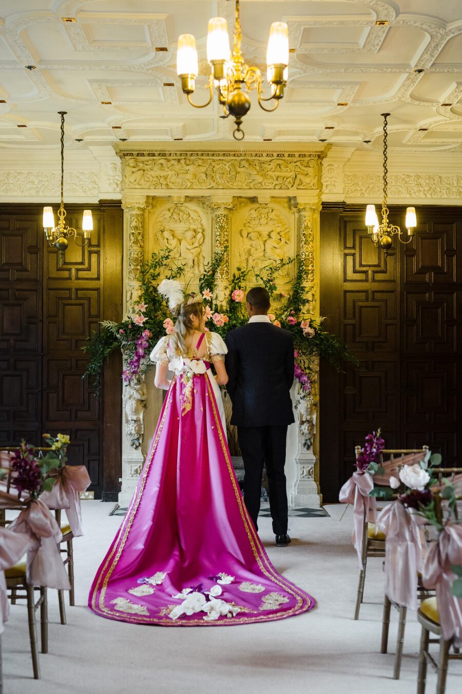 bridgerton theme couple wedding cerise pink dramatic historical presentation train
