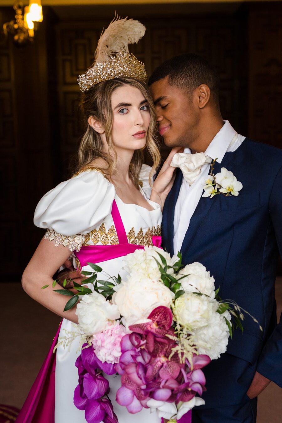 modern interpretation simple regency wedding dress low square neckline pretty details