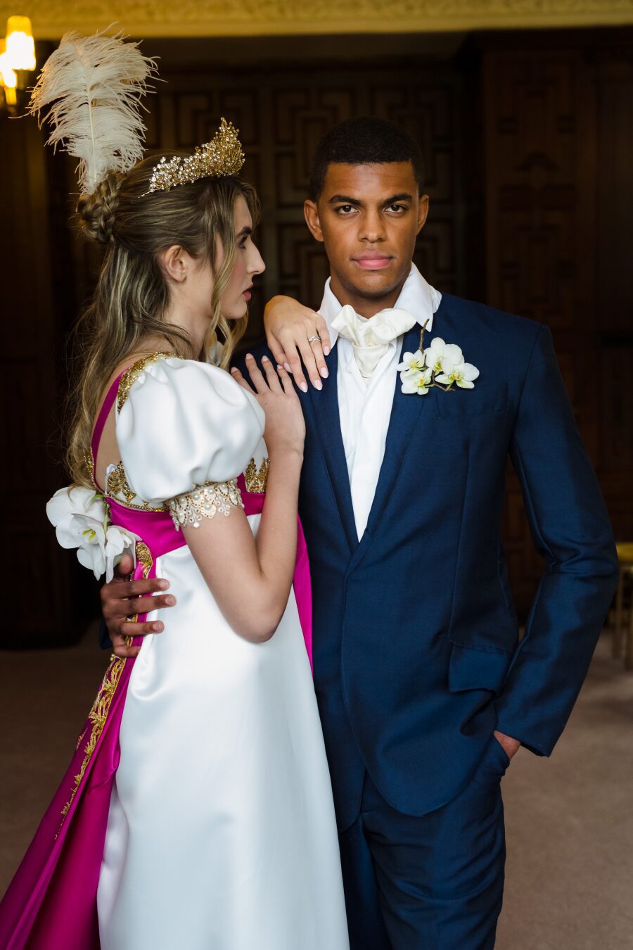 gold bright bold pink cerise fuchsia white wedding dress puff sleeves