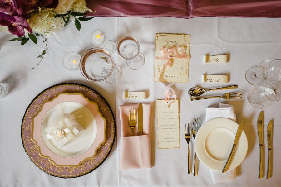 vintage gold rustic wedding table pastel pink blush cream hand written names