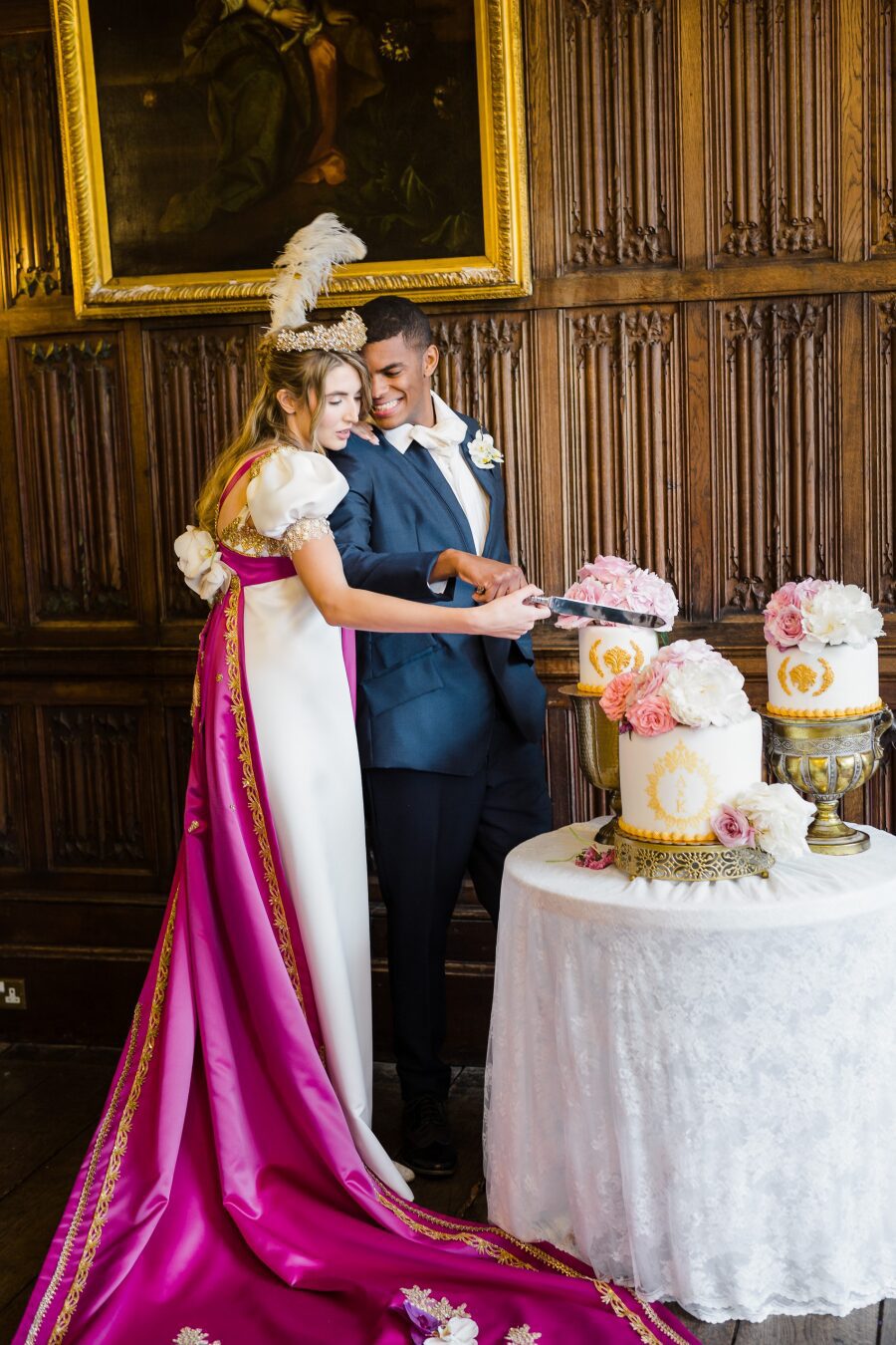 long fuchsia pink removable train bespoke regency bridgerton wedding dress