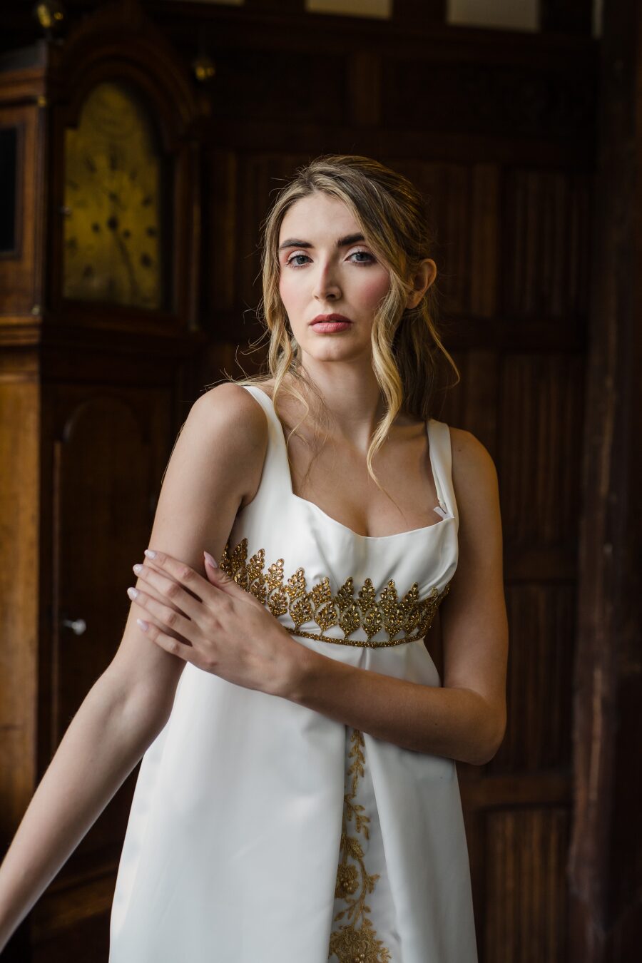 white ivory sleeveless empire line slip wedding dress duchess satin